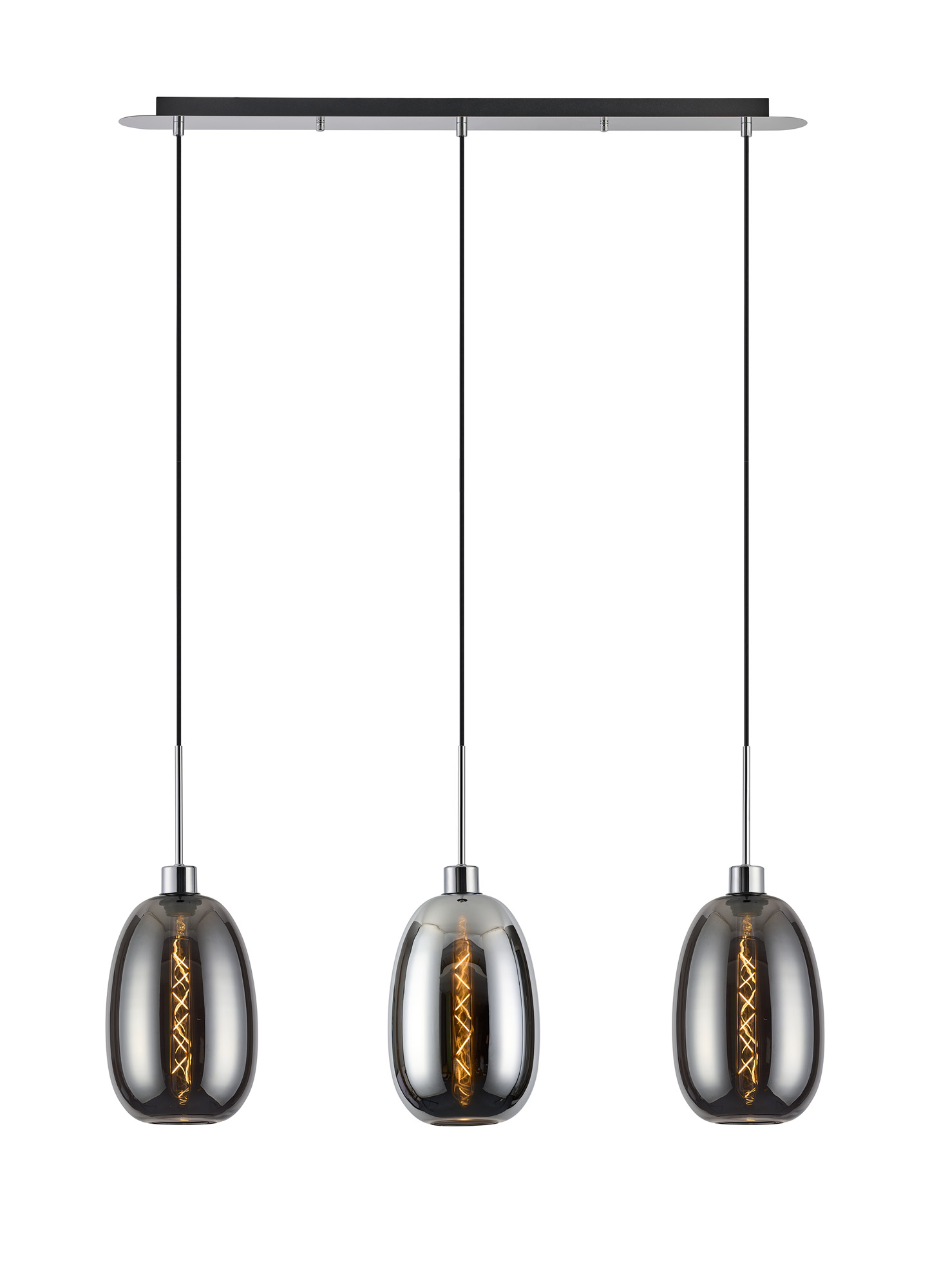 DK1302  Lori Linear Pendant, 3 Light Adjustable E27, Polished Chrome/Chrome/Smoke Slim Curved Trapezium Shades